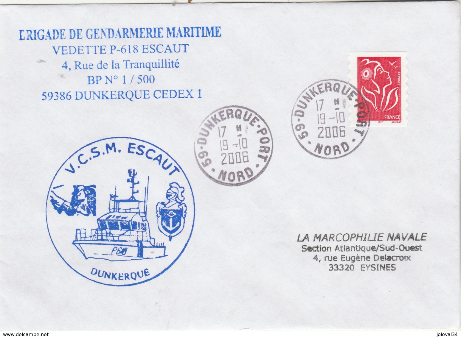 Gendarmerie Maritime VCSM  ESCAUT P 618 Dunkerque Port 19/10 /2006 - Seepost