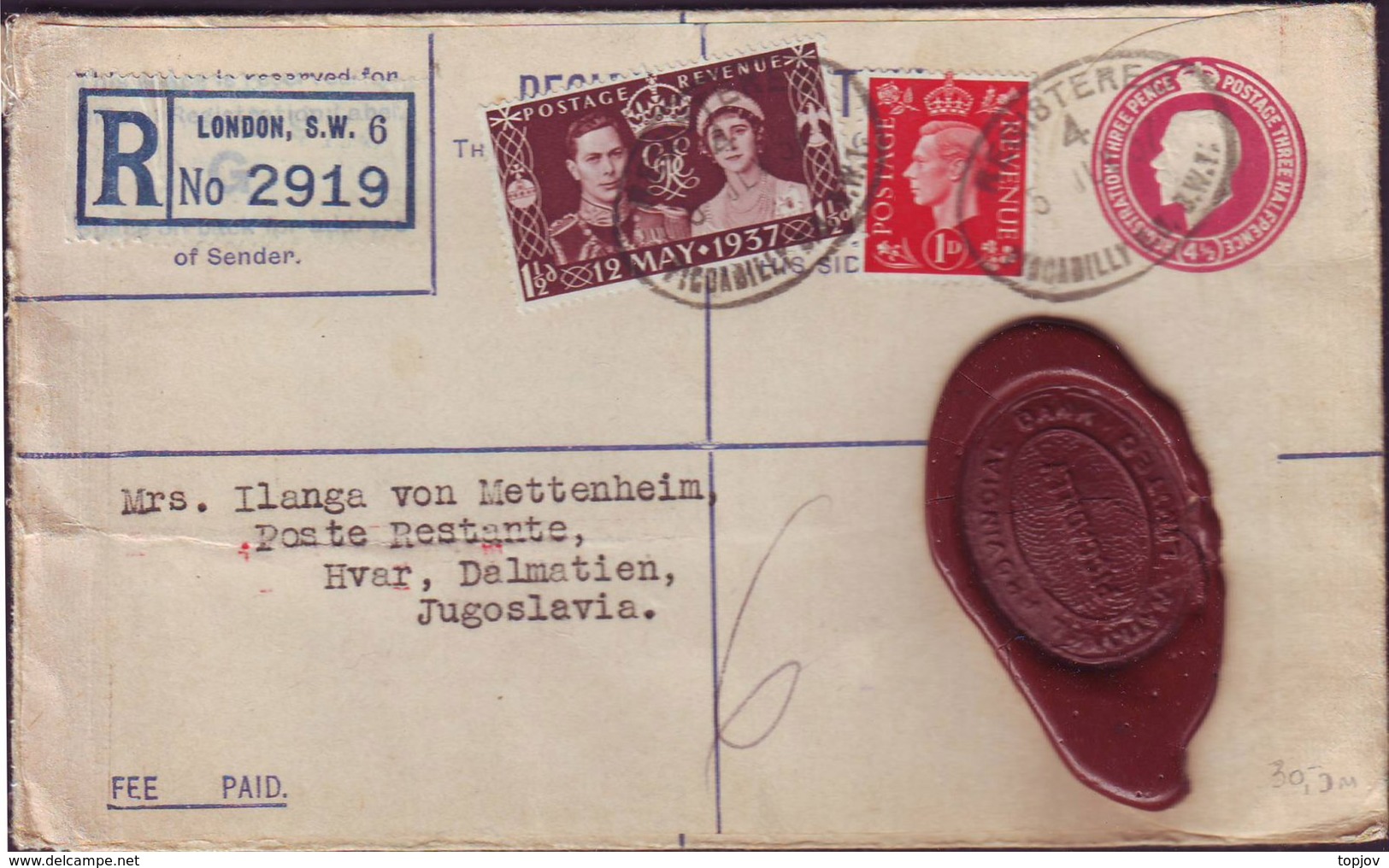 GB - REGISTRATION Cover 4,5 Pence + 1 P + 1,5 P CORONATION - From Bank On Piccadilly London To HVAR - 1937 - Covers & Documents
