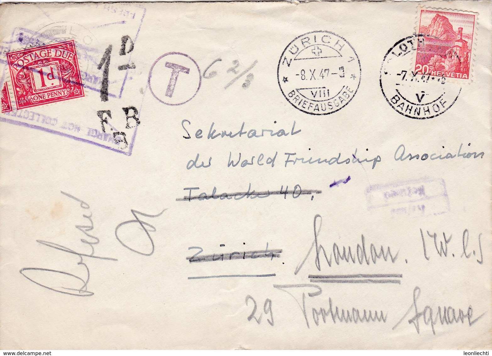 Brief: V. Solothurn über Zürich Nach London Mit Nachporto.( Postage Due, One Penny ) Mit Mi: 327y - Covers & Documents
