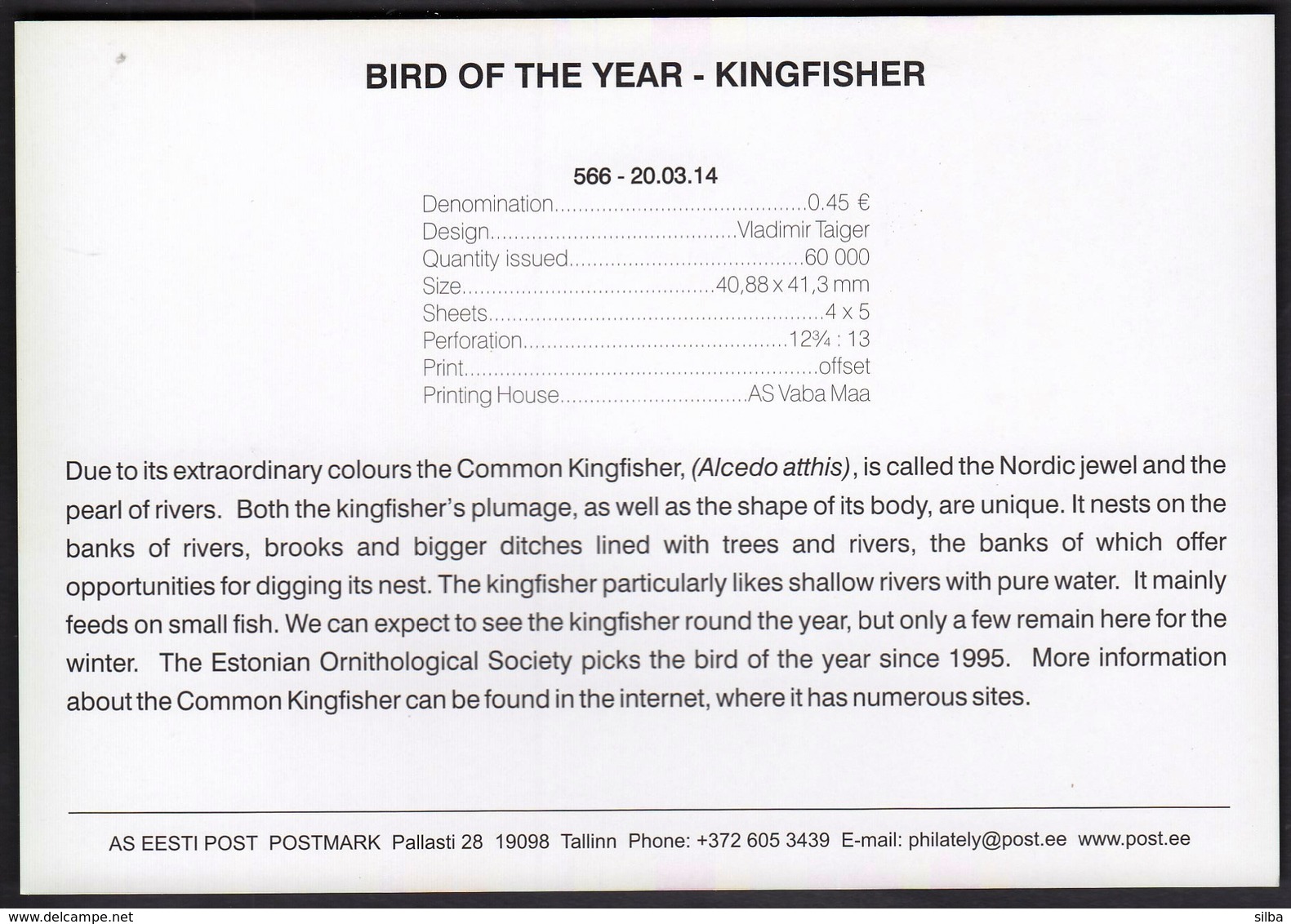 Estonia 2014 / Bird Of The Year - Kingfisher / Presentation Card, Prospectus, Leaflet, Brochure - Estonia