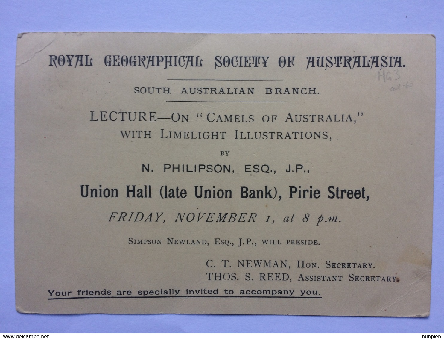 SOUTH AUSTRALIA Pre-paid Postcard 1899 Advertising Lecture `Camels Of Australia` ​​​​​​​Royal Georgraphical Society Of A - Covers & Documents