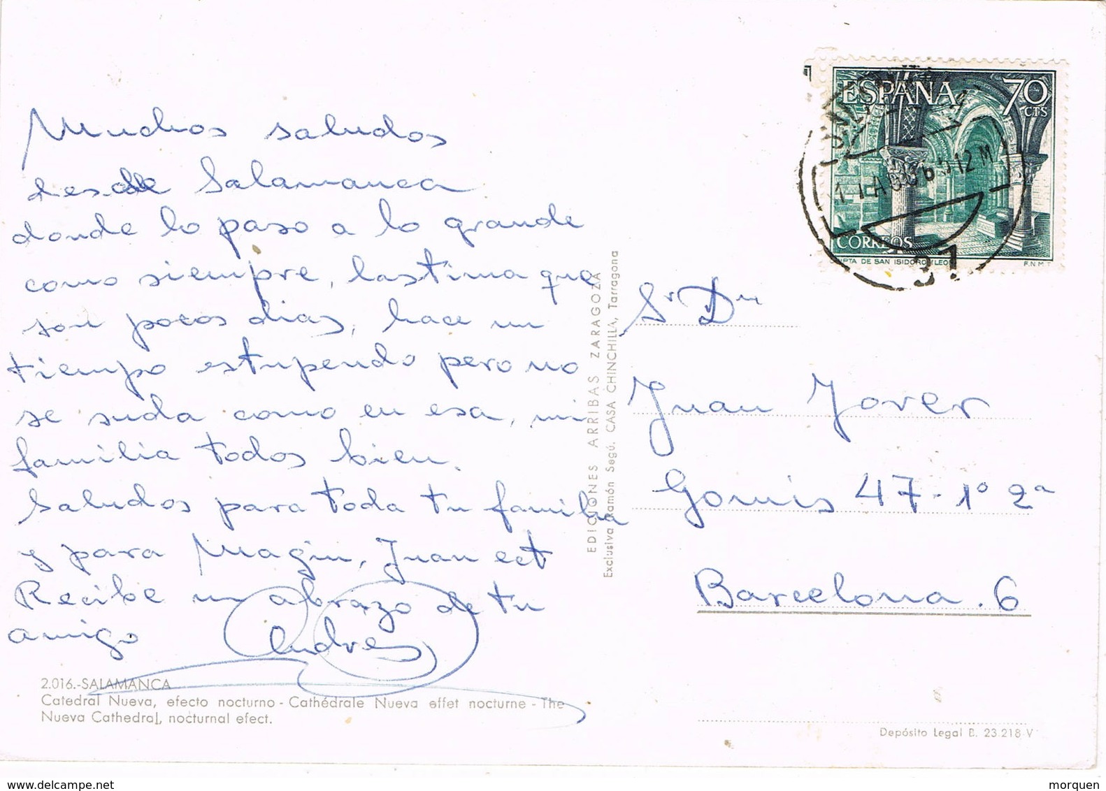 33641. Postal SALAMANCA  1965. Vista Nocturna De La Catedral Nueva - Cartas & Documentos