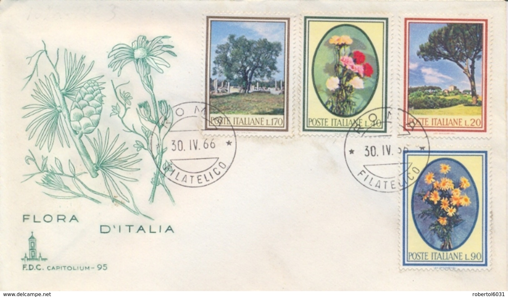 Italia Italy 1966 FDC CAPITOLIUM Flora Italiana Pino Garofano Margherita Olivo Pine Carnation Daisy Olive Tree - Altri & Non Classificati