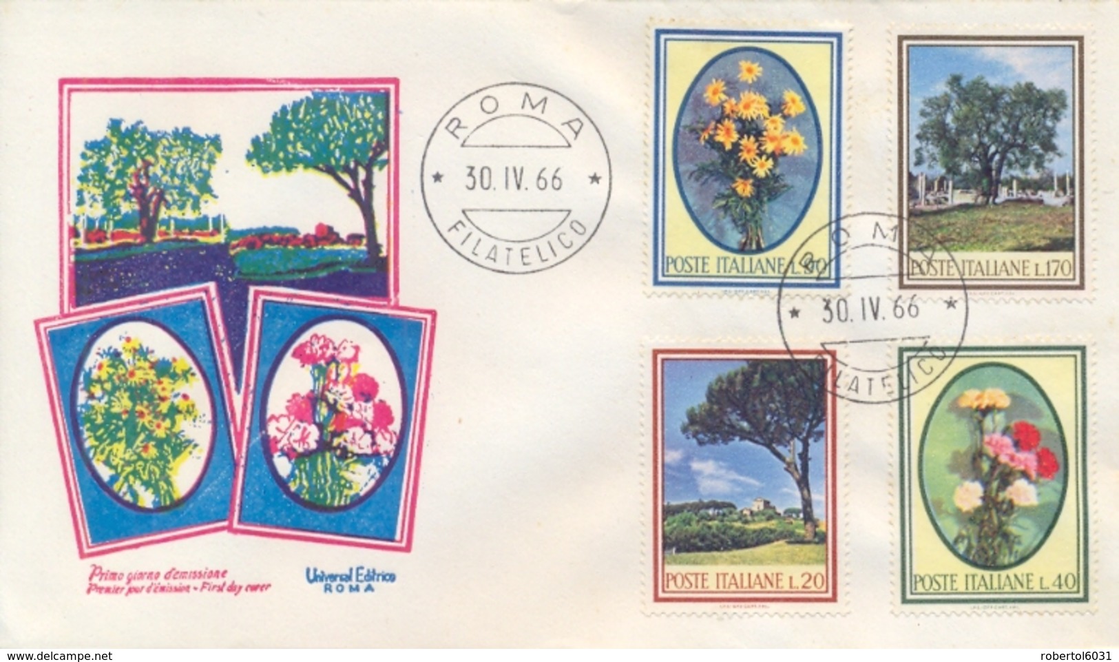 Italia Italy 1966 FDC UNIVERSAL Flora Italiana Pino Garofano Margherita Olivo Pine Carnation Daisy Olive Tree - Altri & Non Classificati