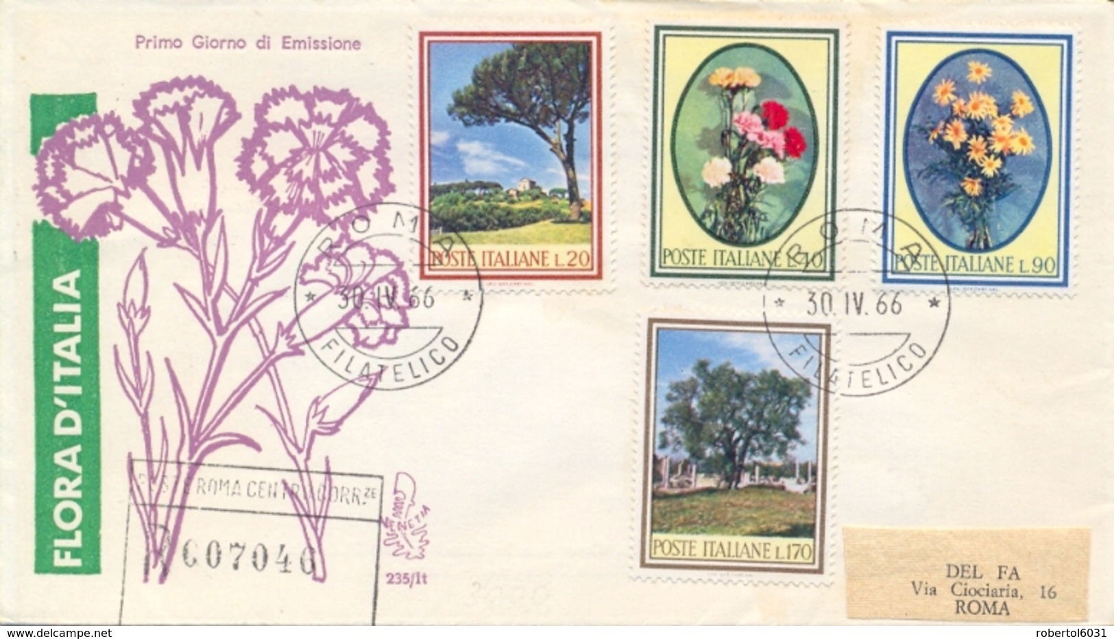 Italia Italy 1966 FDC VENETIA Viaggiata Flora Italiana Pino Garofano Margherita Olivo Pine Carnation Daisy Olive Tree - Altri & Non Classificati