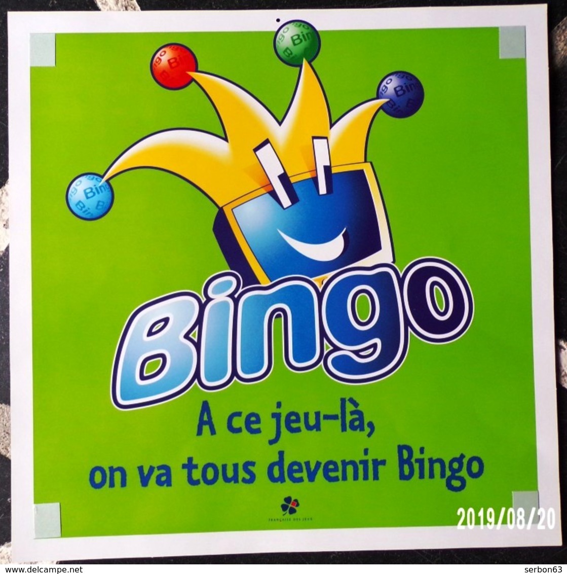 FDJ - F.D.J. FRANÇAISE DES JEUX PUBLICITÉ UN ÉLÉMENT PLV CARTONNE VERT BINGO POUR VITRINE MAGASIN 40x40cm SITE Serbon63 - Publicités