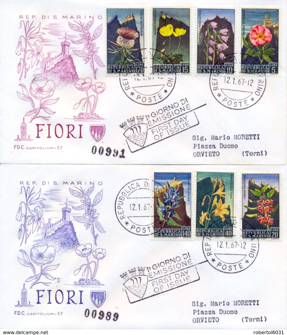 San Marino 1967 FDC CAPITOLIUM Viaggiate Fiori Su 2 Buste Flowers On 2 Posted Covers - Altri & Non Classificati