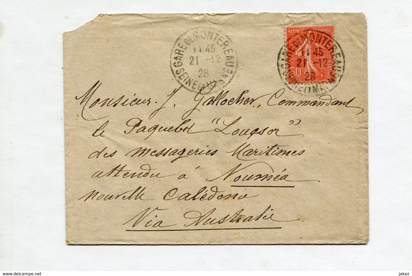 Lettre De Montereau (Seine Et Marne) Pour Le Commandant Du Paquebot Louqsor à Nouméa 1928 - Poste Maritime