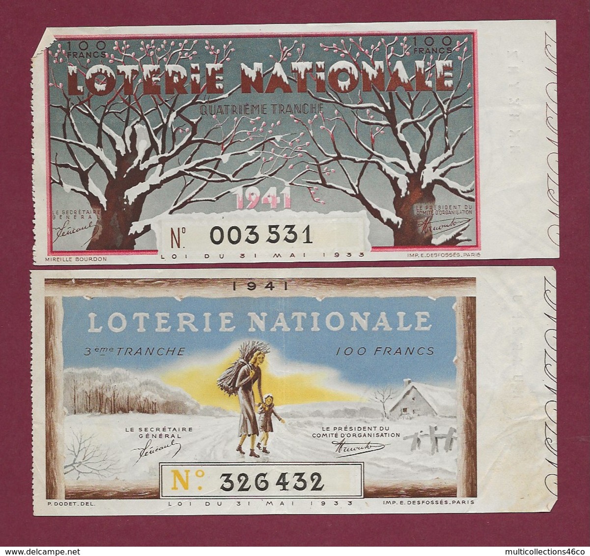 150819B - 2 BILLET LOTERIE NATIONALE 1941 100 FRANCS 3ème 4ème TR - Hiver Neige Froid - Billetes De Lotería