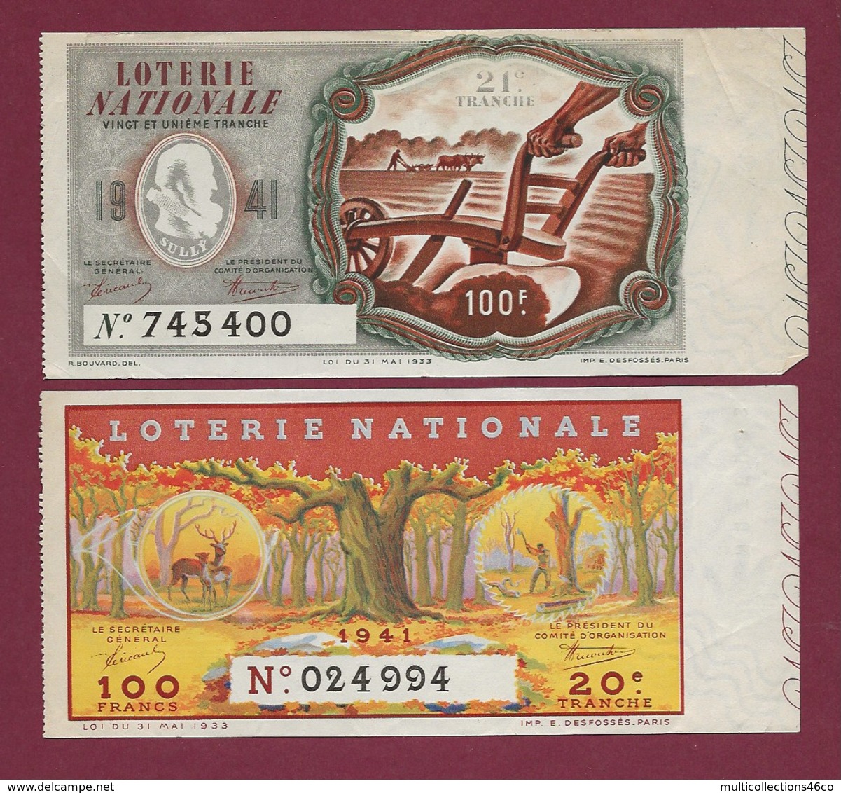 150819B - 2 BILLET LOTERIE NATIONALE 1941 100 FRANCS 20 21ème TR - Forêt Bois Bûcheron Cerf Biche Labour Charrue Paysan - Lottery Tickets