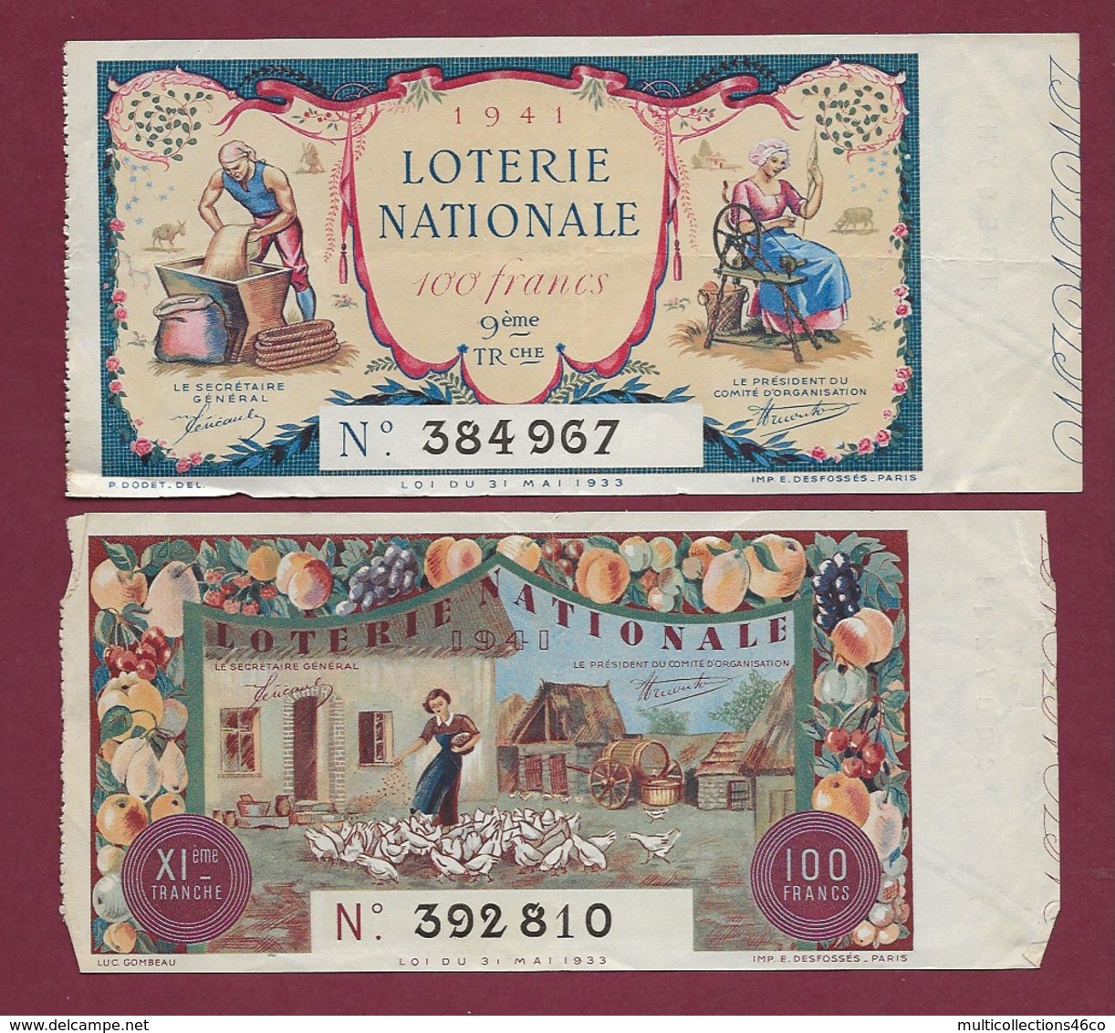 150819B - 2 BILLET LOTERIE NATIONALE 1941 100 FRANCS 9 11ème TR Meunier Moulin à Vent âne Rouet Fileuse Basse Cour Fruit - Biglietti Della Lotteria