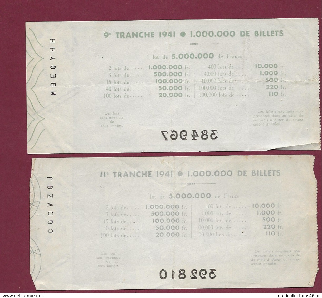 150819B - 2 BILLET LOTERIE NATIONALE 1941 100 FRANCS 9 11ème TR Meunier Moulin à Vent âne Rouet Fileuse Basse Cour Fruit - Biglietti Della Lotteria