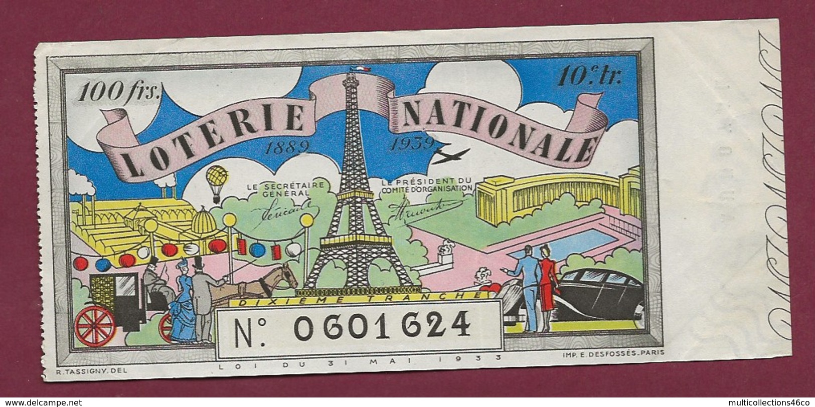 150819B - BILLET LOTERIE NATIONALE 1939 100 FRANCS 10ème TR - Tour Eiffel Calèche Montgolfière - Billetes De Lotería