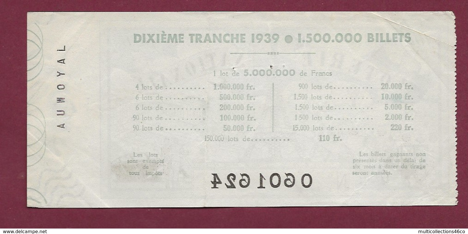 150819B - BILLET LOTERIE NATIONALE 1939 100 FRANCS 10ème TR - Tour Eiffel Calèche Montgolfière - Lotterielose