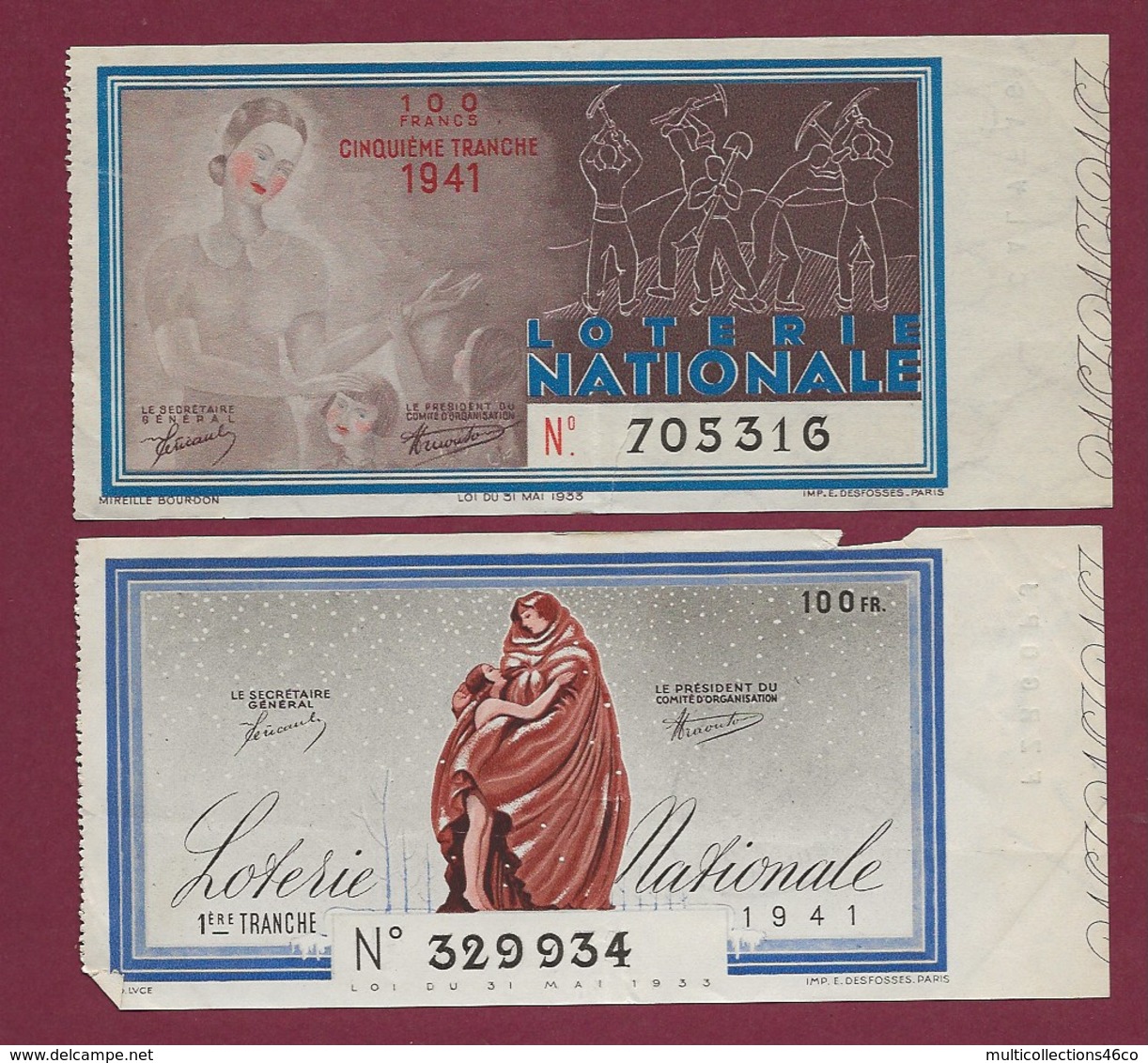 150819B - 2 BILLET LOTERIE NATIONALE 1941 100 FRANCS 1 5ème TR Froid Hiver Protection Travail Ouvrier - Billetes De Lotería