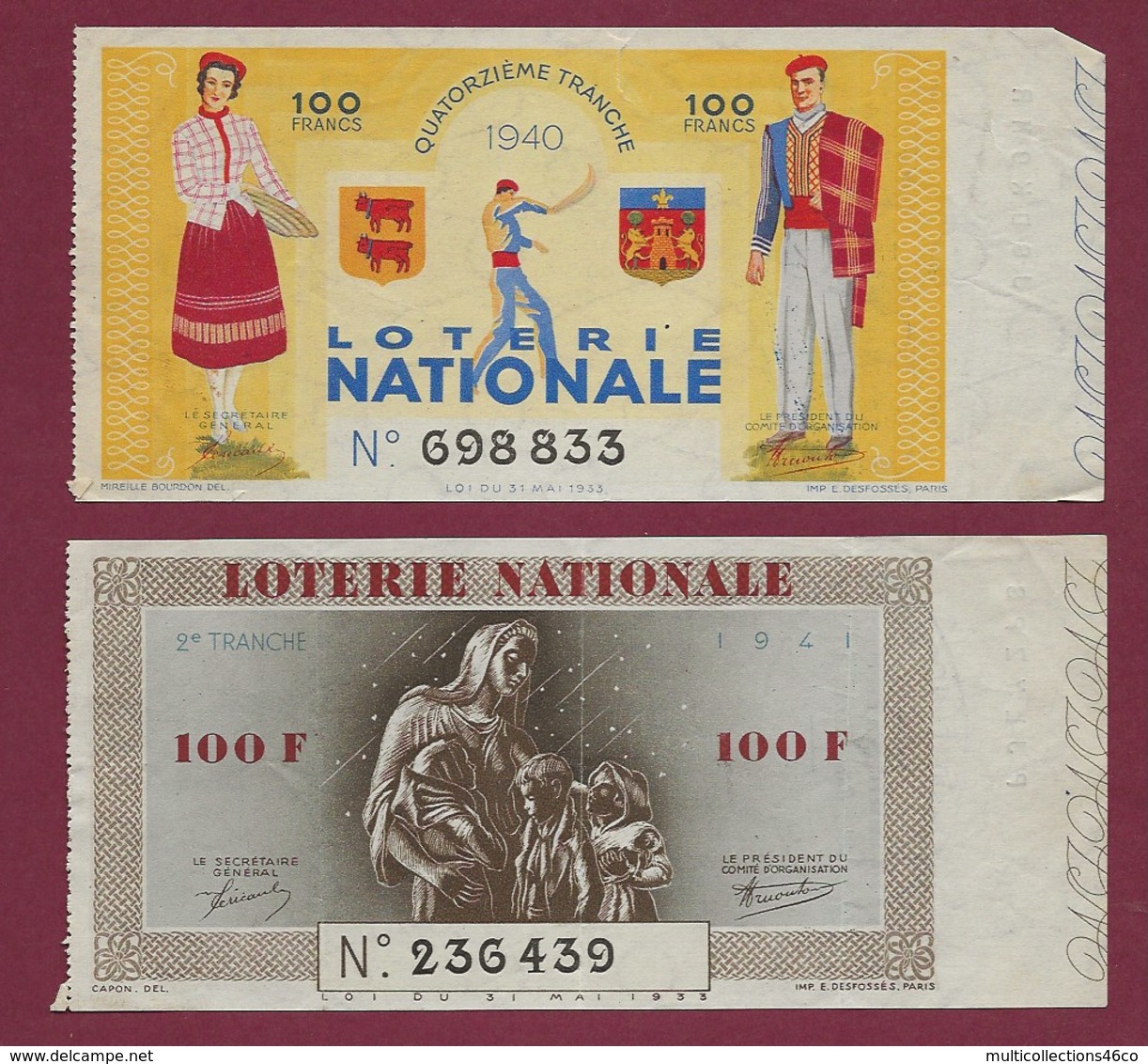 150819B - 2 BILLET LOTERIE NATIONALE 1940 1941 100 FRANCS 2 14ème TR - Pelote Basque Folklore écusson - Billetes De Lotería