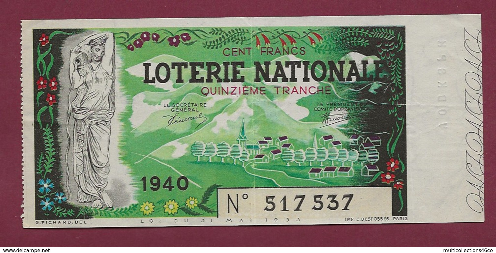 150819B - BILLET LOTERIE NATIONALE 1940 100 FRANCS 15ème TR - Rome Antique Romaine Village Cruche - Billetes De Lotería