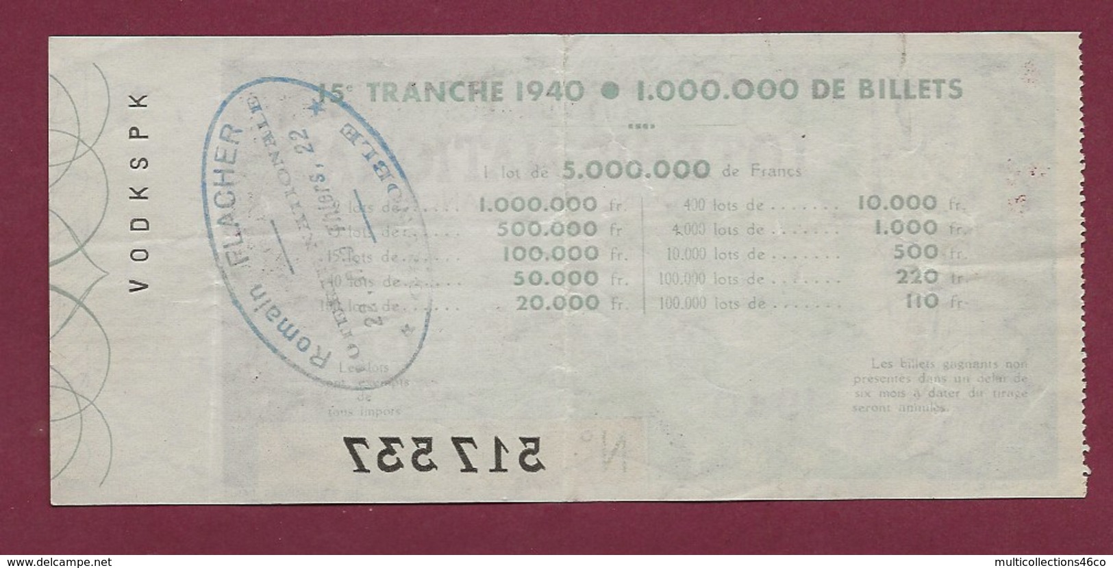 150819B - BILLET LOTERIE NATIONALE 1940 100 FRANCS 15ème TR - Rome Antique Romaine Village Cruche - Billetes De Lotería