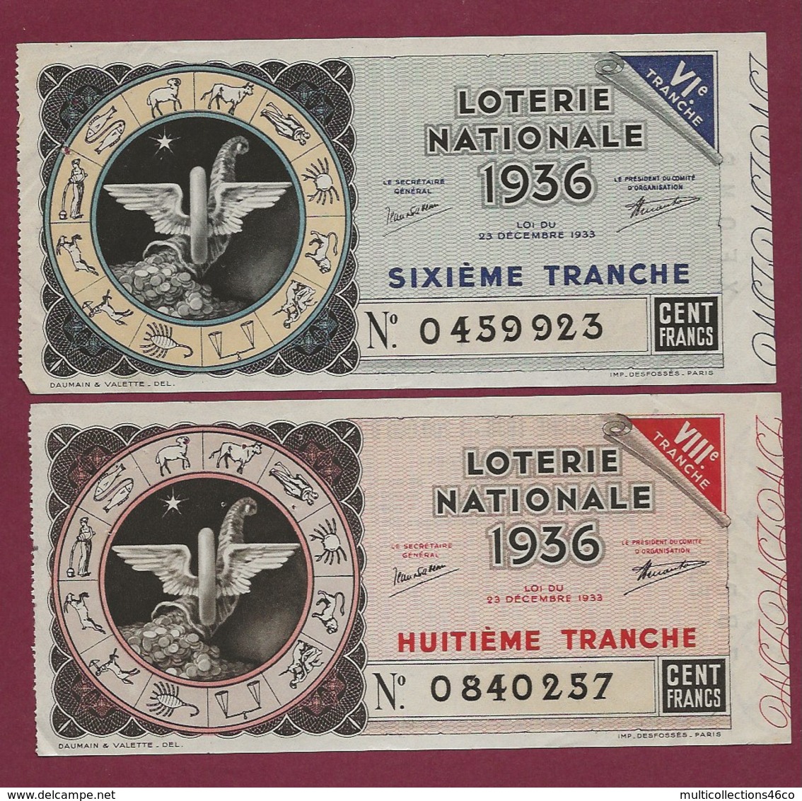 150819B - 2 BILLET LOTERIE NATIONALE 1936 100 FRANCS 6 8ème TR - Signe Du Zodiaque Astrologie - Billetes De Lotería