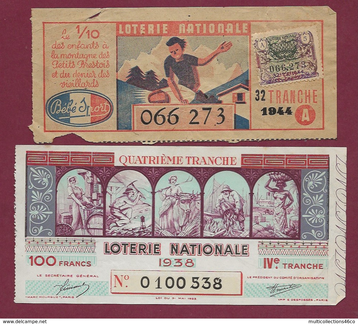 150819B - 2 BILLET LOTERIE NATIONALE 1938 1944 100 FRANCS 4 32ème TR - Métier Pêche Mineur Agriculture Viticulture Sport - Billetes De Lotería