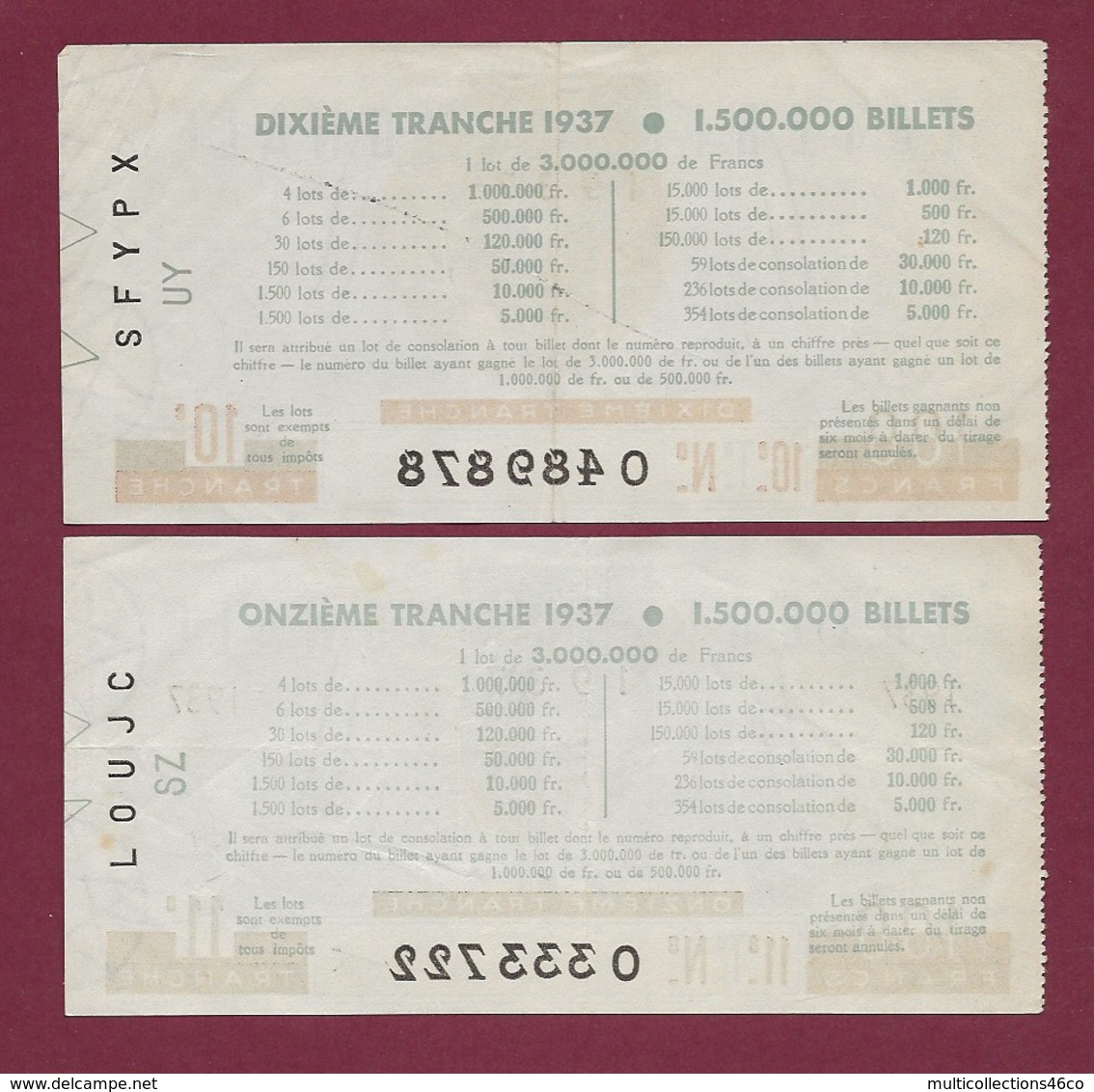 150819B - 2 BILLET LOTERIE NATIONALE 1937 100 FRANCS 10 11ème TR - Feu D'artifice Fête - Billetes De Lotería