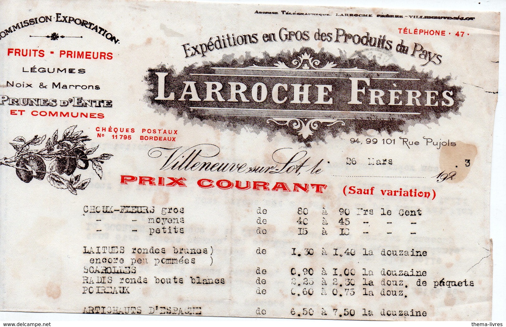 Villeneuve Sur Lot (47 Lot Et Garonne) Tarif LARROCHE Fr Fruits Légumes Pruneaux... 1923 (PPP19721) - Publicités