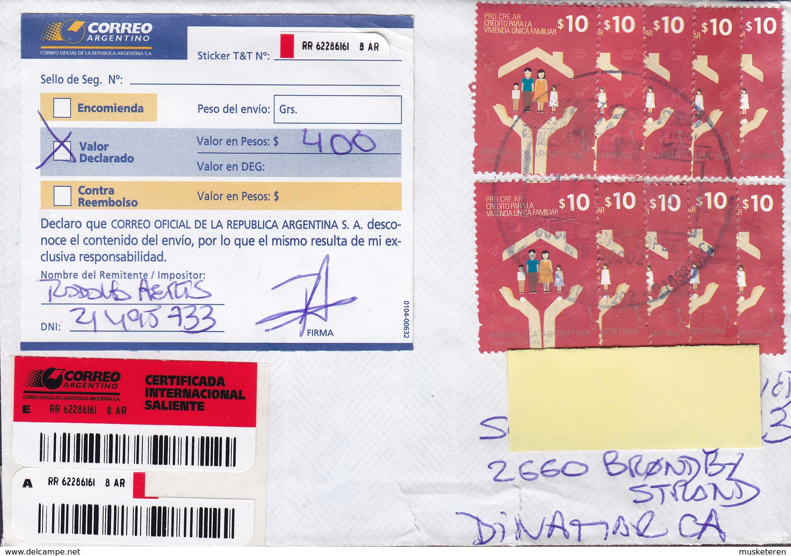 Argentina Registered Certificada Label 2014 Cover Letra BRØNDBY STRAND Denmark 10x Similar Stamps - Covers & Documents