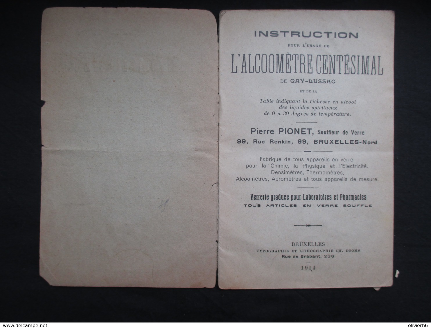 VP Brochure (M1911) L'ALCOOMèTRE CENTéSIMAL (2 Vues) Instruction à L'usage De - DOOMS 1914 - Autres & Non Classés