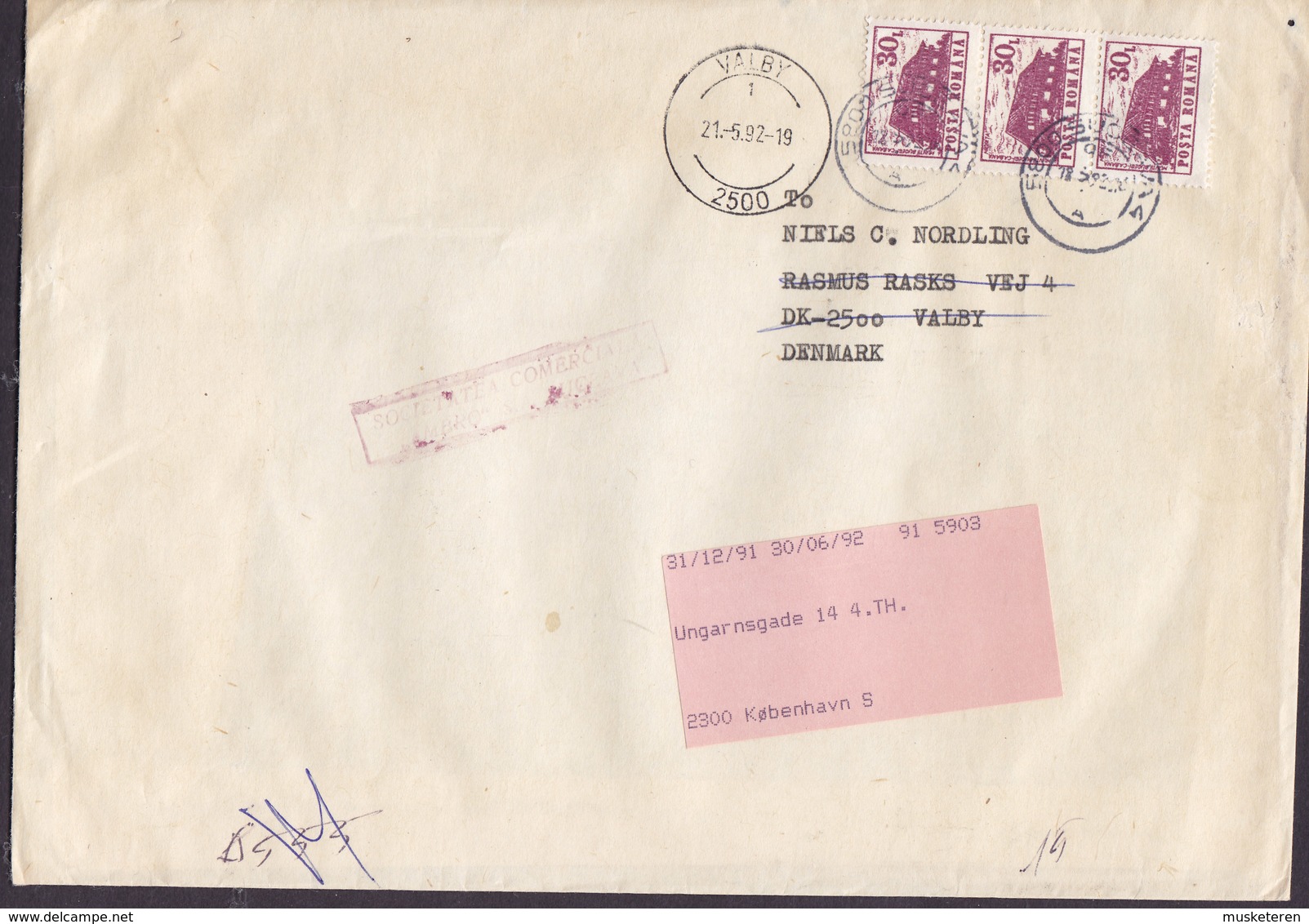 Romania 1992 Cover Brief VALBY (Arr.) REadressed KØBENHAVN S. (Amager) Denmark 3-Stripe - Briefe U. Dokumente