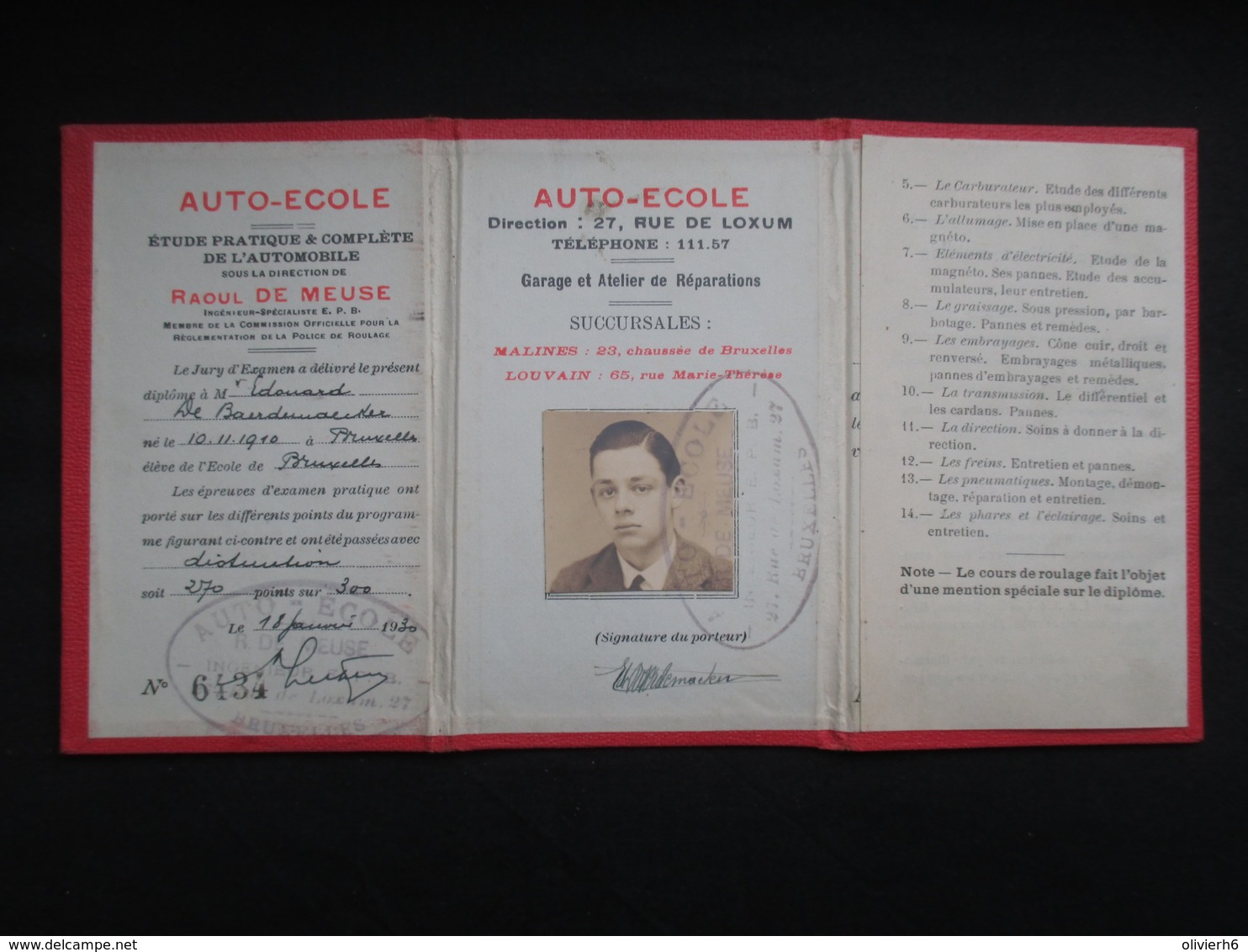 VP DIPLOME (M1911) AUTO-ECOLE (2 Vues) R DE MEUSE Ingénieur E.P.B. 1930 - Voitures