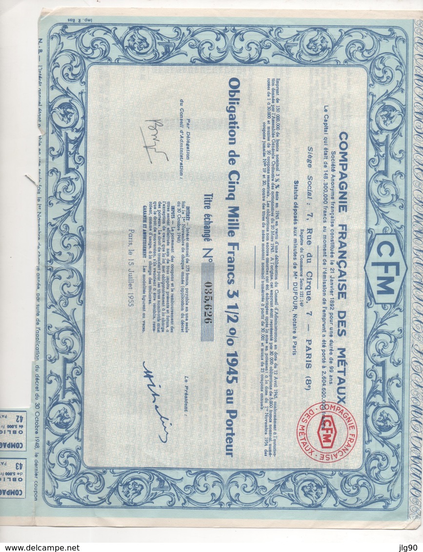 Obligation 5000Frs Au Porteur Compagnie Française Des Métaux 1945 - Industrie