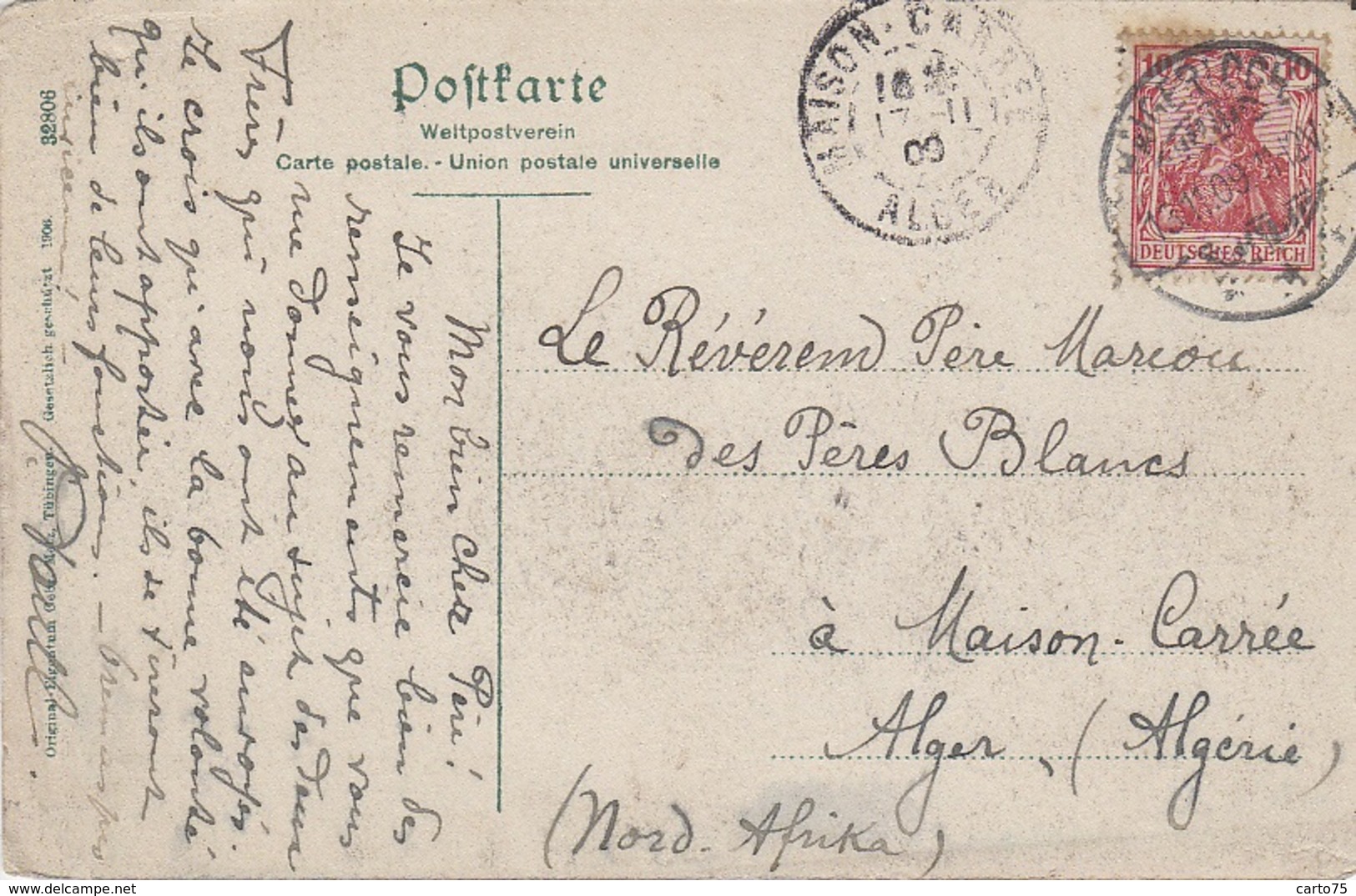 Allemagne - Haigerloch - Missionhaus - Postmarked 1909 Haigerloch Maison-Carré Alger - Pères Blancs - Haigerloch