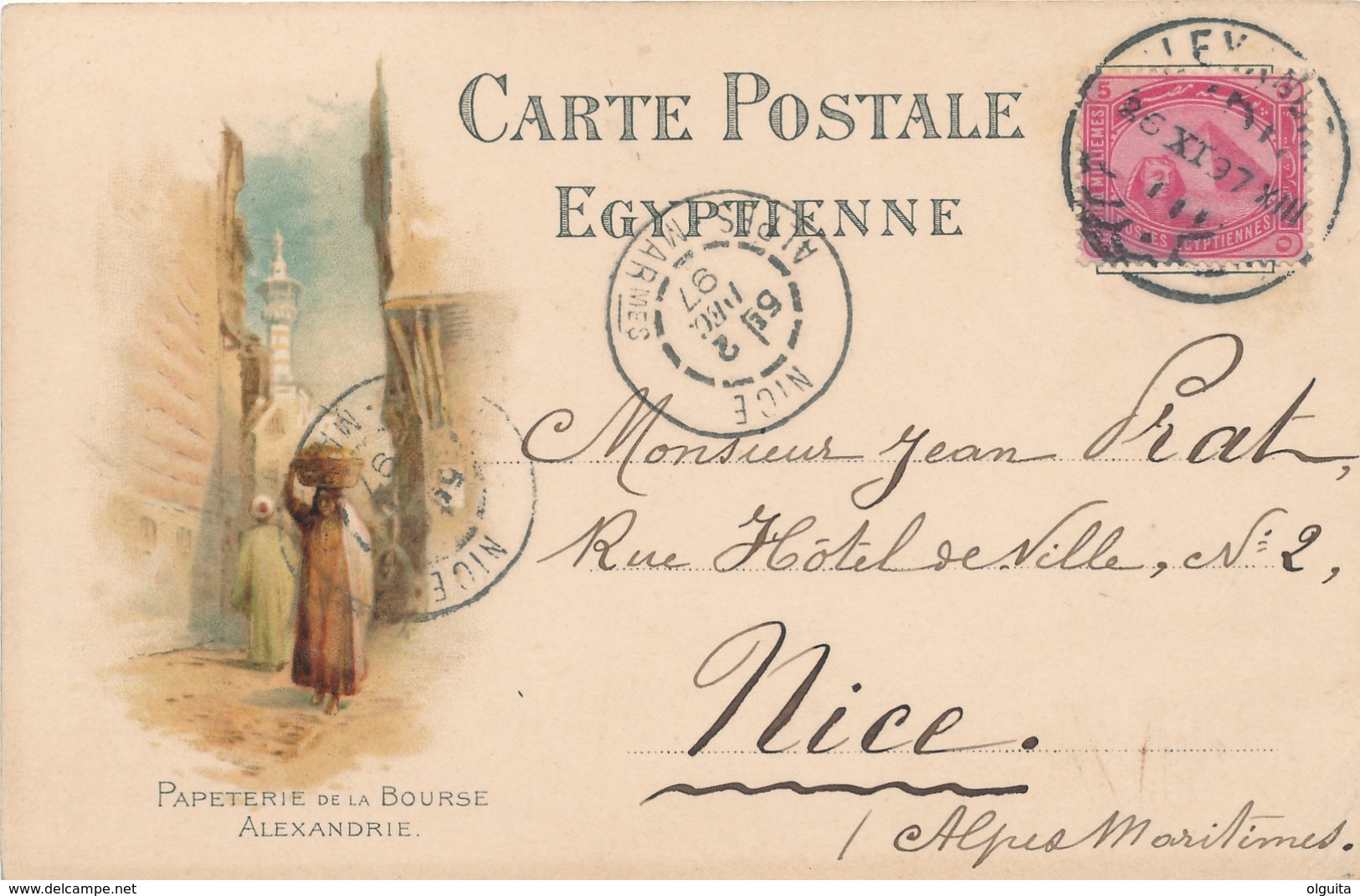 712/29 - EGYPT Ancient Colour View , Editor Papeterie De La Bourse , Alexandrie - Used ALEXANDRIE 1897 Vers Nice France - Other & Unclassified