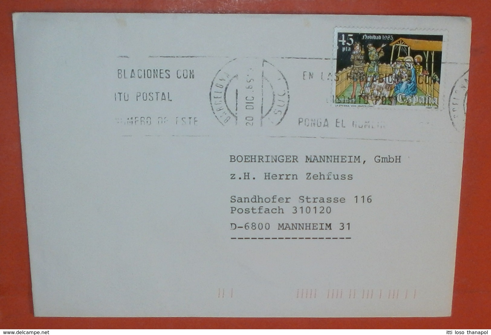 SPANIEN 2703 Weihnachten -- Barcelona 20.12.1985 -- Boehninger Mannheim S.A. -- Brief Cover (2 Foto)(37836) - Lettres & Documents