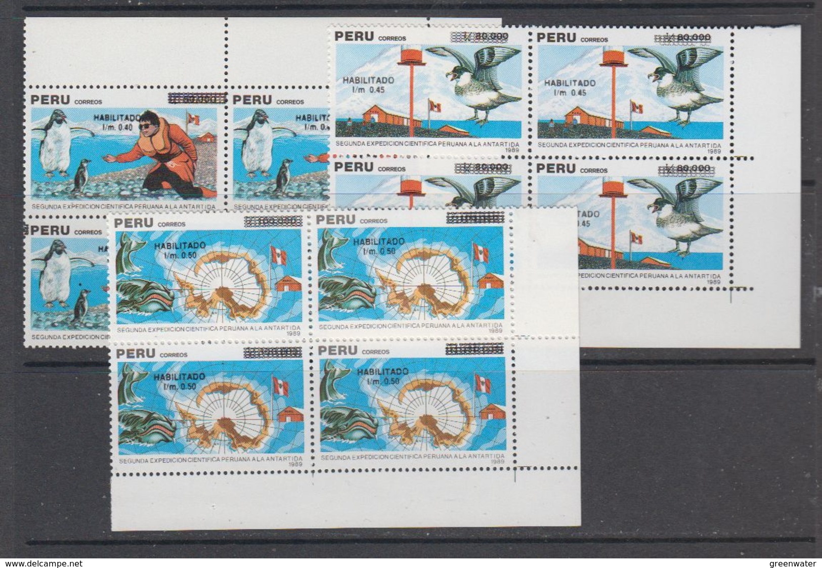 Peru 1989 Antarctica 3v Ovptd Bl Of 4  ** Mnh (44164A) - Andere & Zonder Classificatie