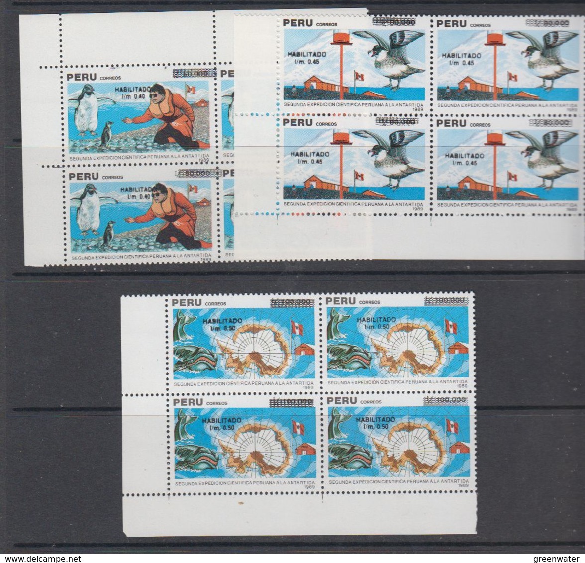 Peru 1989 Antarctica 3v Ovptd Bl Of 4  ** Mnh (44164B) - Andere & Zonder Classificatie