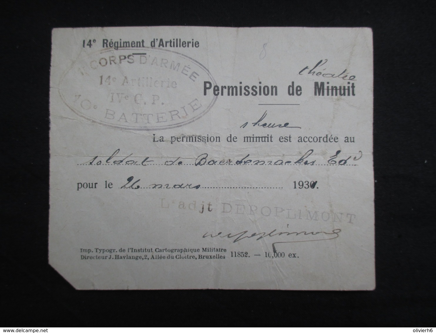 VP MILITARIA (M1911) 14e REGIMENT D'ARTILLERIE (2 Vues) Permission De Minuit 1931 - Documents