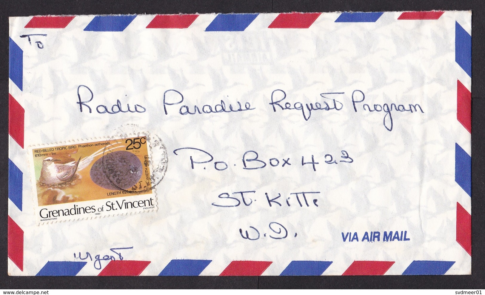 Grenadines Of St Vincent: Airmail Cover To St Kitts, 1 Stamp, Bird, Egg, Animal, Rare Real Use (traces Of Use) - St.-Vincent En De Grenadines