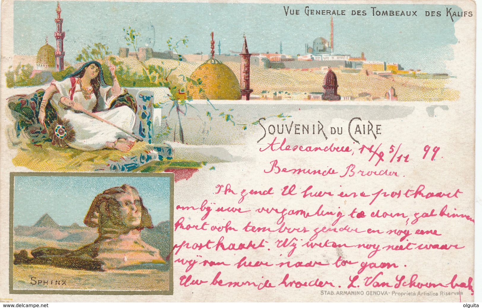 716/29 - EGYPT Ancient Colour Multiple Views , Editor Armanino , Genova - Used 1899 To Belgium (stamp Missing). - Autres & Non Classés