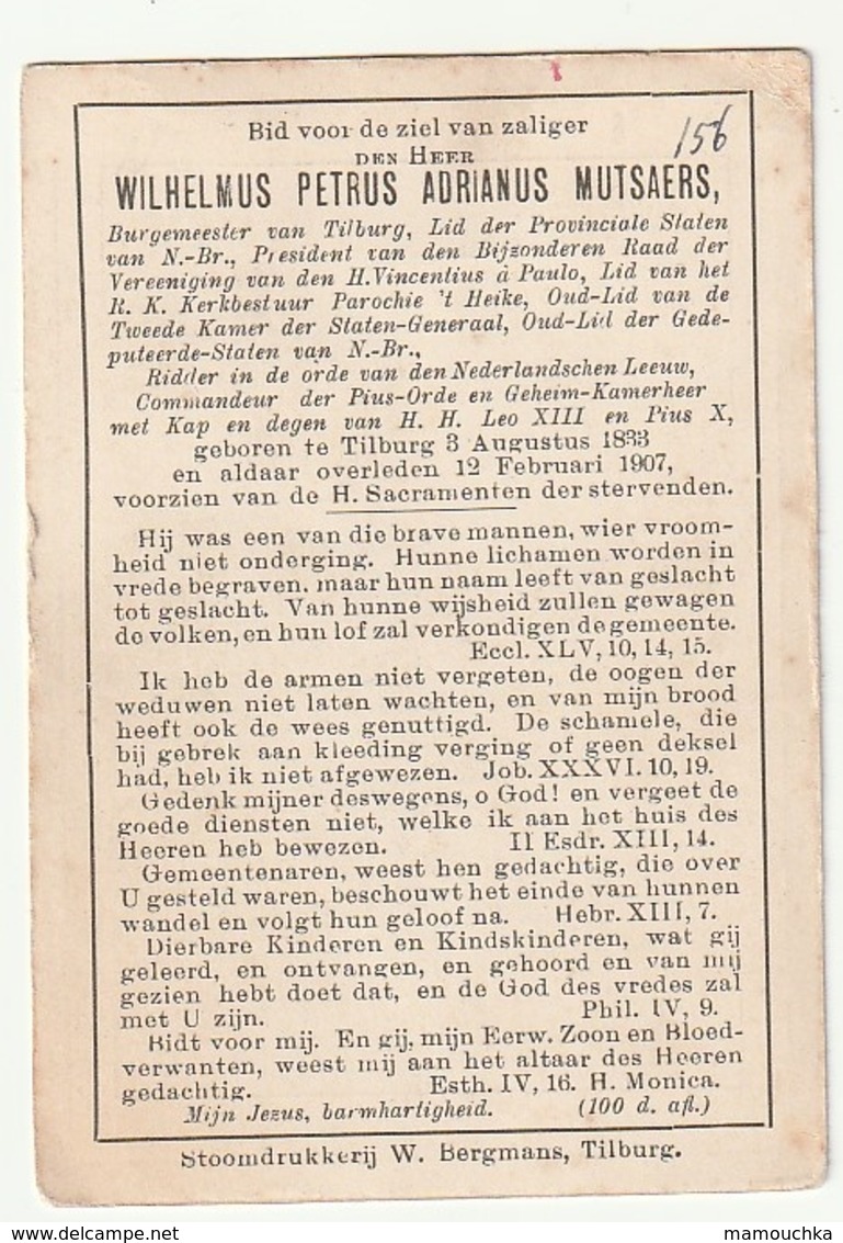 Bidprentje Wilhelmus Petrus Adrianus MUTSAERS Tilburg 1833 - 1907 Burgemeester - Imágenes Religiosas