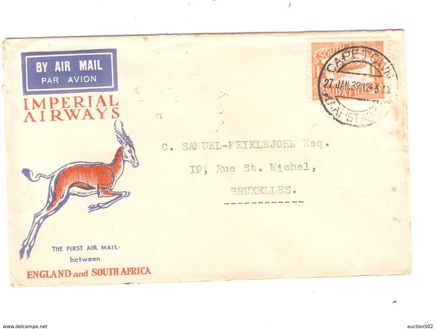 PR6735/ South Africa Air Mail Cover Imperial Airways Capetown 1932 England&S.A.Antilope > Belgium Via Paris France - Luftpost