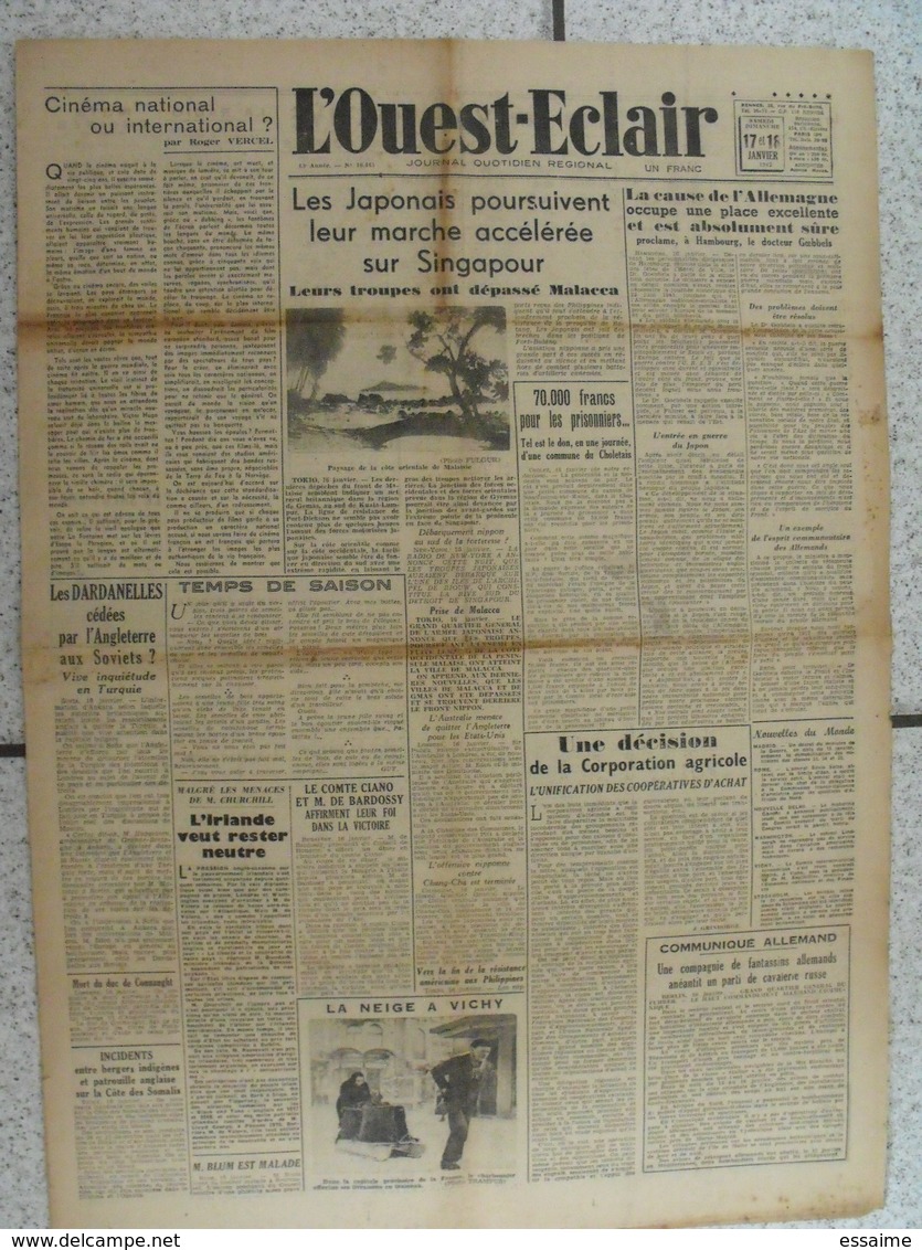 10 Journaux "L'Ouest-Eclair". 1942. Guerre. France Occupée. Articles Pro-allemand. Japon USA Russie (2) - Autres & Non Classés