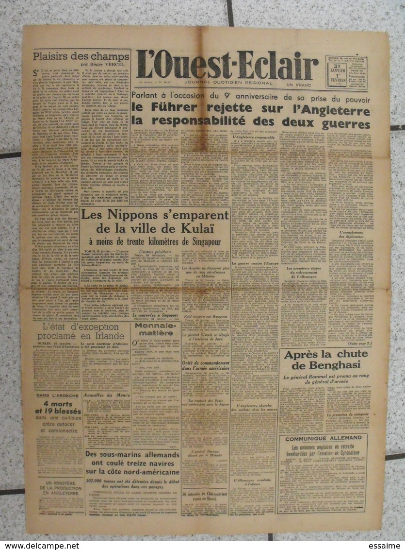 10 journaux "L'Ouest-Eclair". 1942. guerre. France occupée. articles pro-allemand. Japon USA Russie (2)