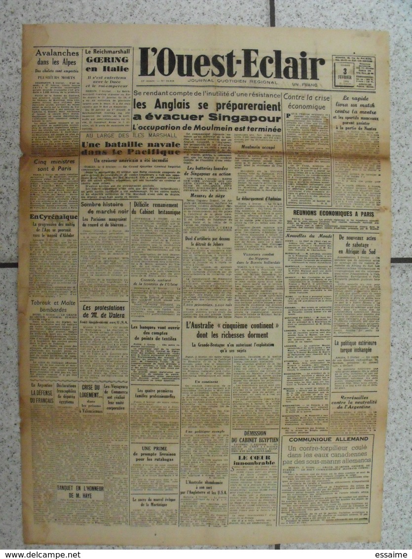 10 journaux "L'Ouest-Eclair". 1942. guerre. France occupée. articles pro-allemand. Japon USA Russie (2)