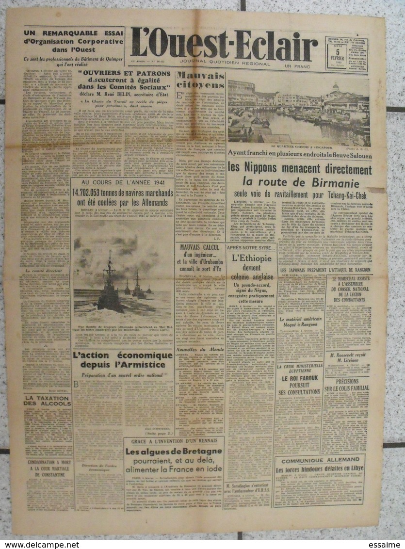 10 Journaux "L'Ouest-Eclair". 1942. Guerre. France Occupée. Articles Pro-allemand. Japon USA Russie (3) - Autres & Non Classés