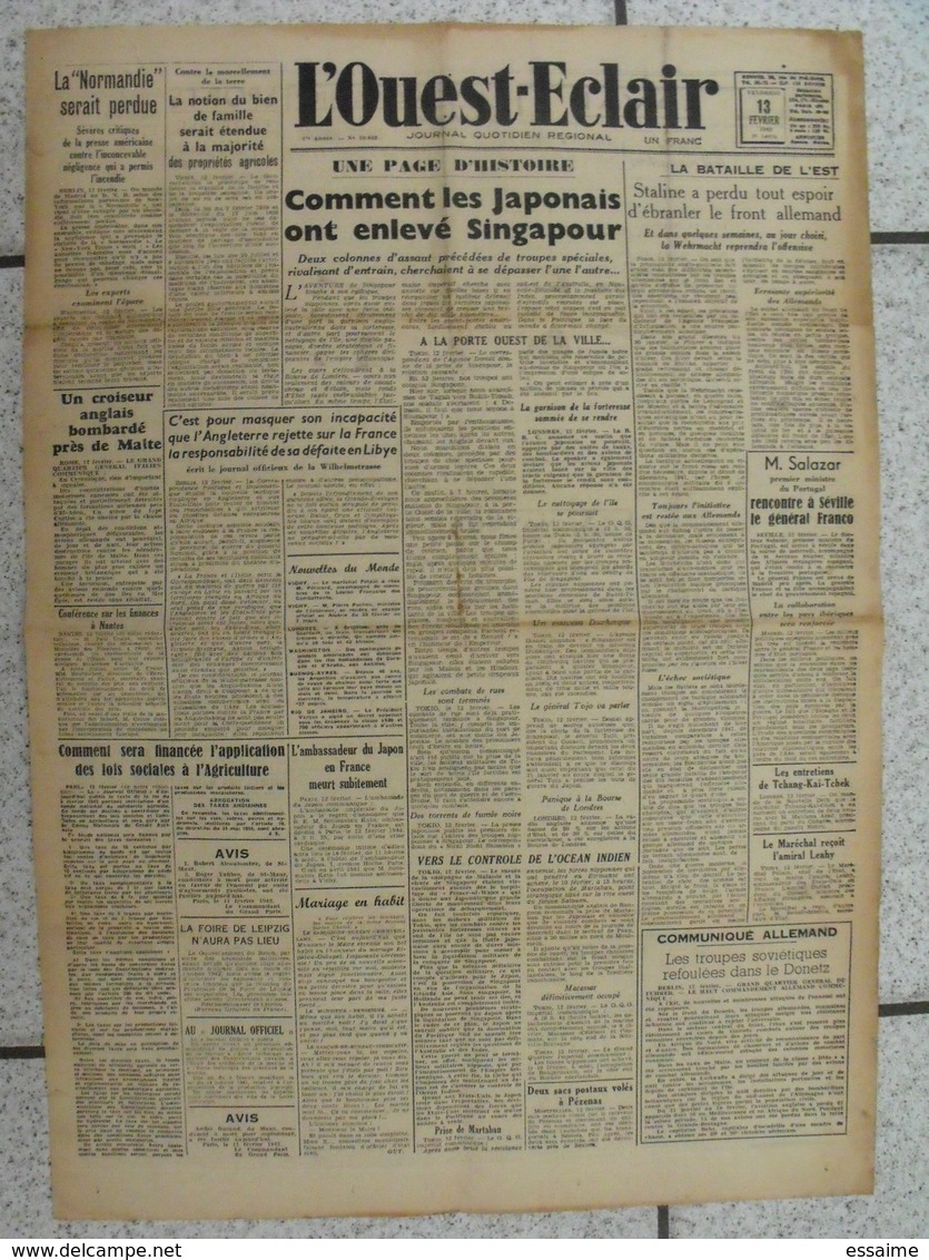 10 journaux "L'Ouest-Eclair". 1942. guerre. France occupée. articles pro-allemand. Japon USA Russie (3)