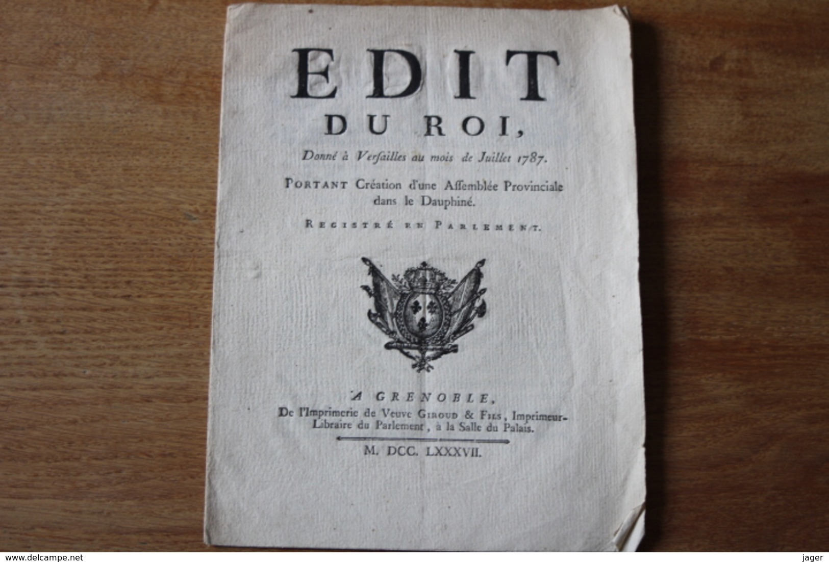 1787   Edit Du Roi Pour La Creation D'une Assemblée Provinciale Dans Le Dauphiné  Grenoble Aux Armes De France - Historical Documents