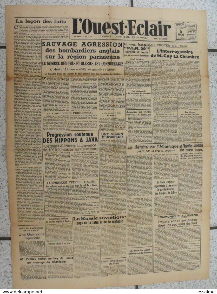 10 Journaux "L'Ouest-Eclair". 1942. Guerre. France Occupée. Articles Pro-allemand. Japon USA Russie (5) - Autres & Non Classés