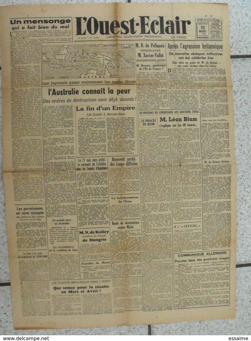 10 journaux "L'Ouest-Eclair". 1942. guerre. France occupée. articles pro-allemand. Japon USA Russie (5)