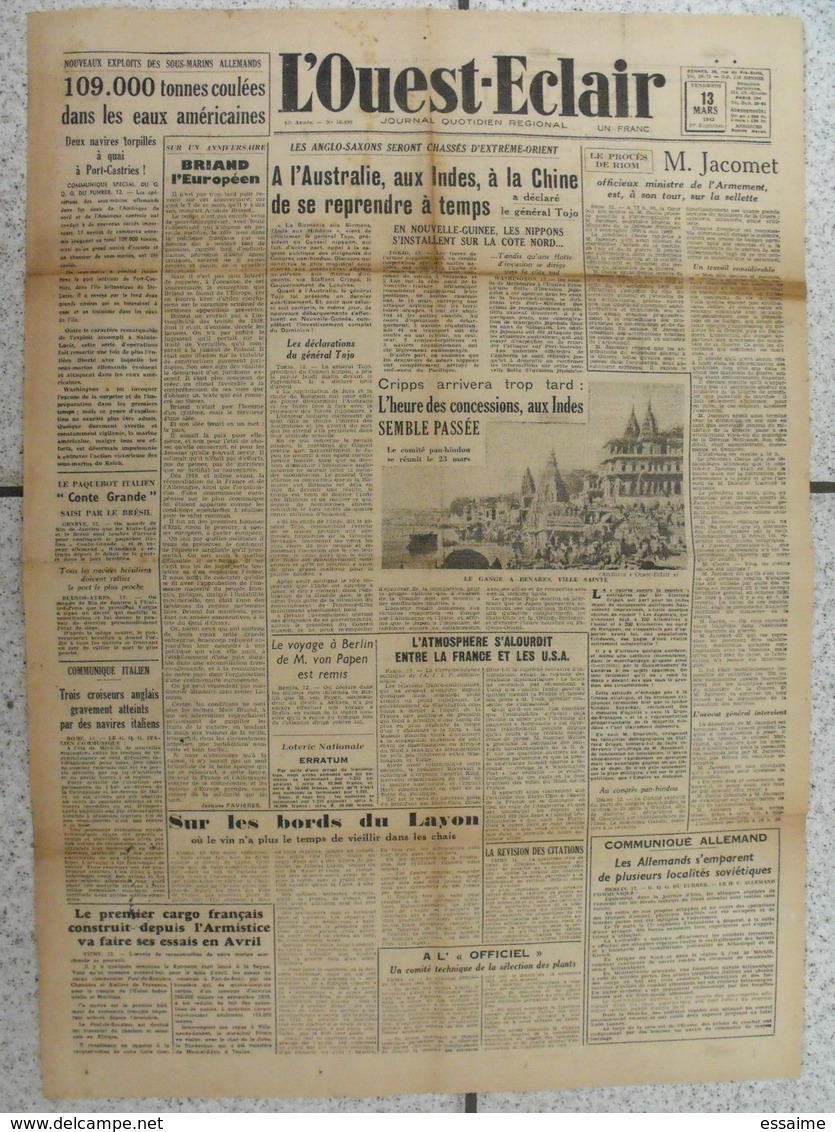 10 journaux "L'Ouest-Eclair". 1942. guerre. France occupée. articles pro-allemand. Japon USA Russie (5)